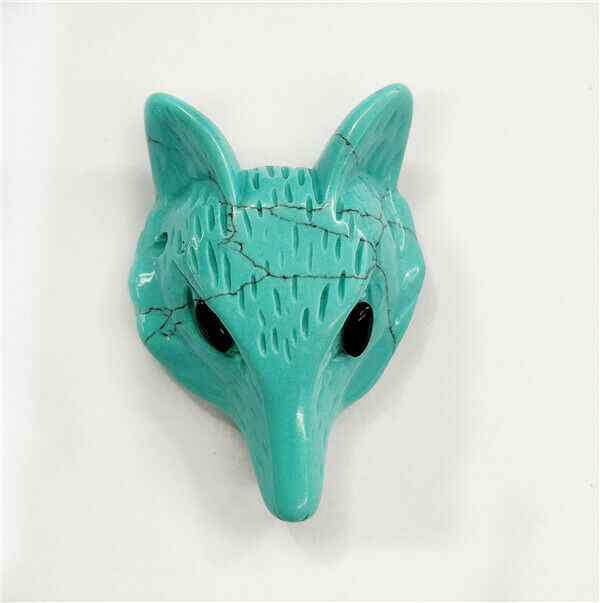 1Pc 30x24x15mm Green Turquoise Carved Fox Head Healing Crystal Pendant Bead HH23