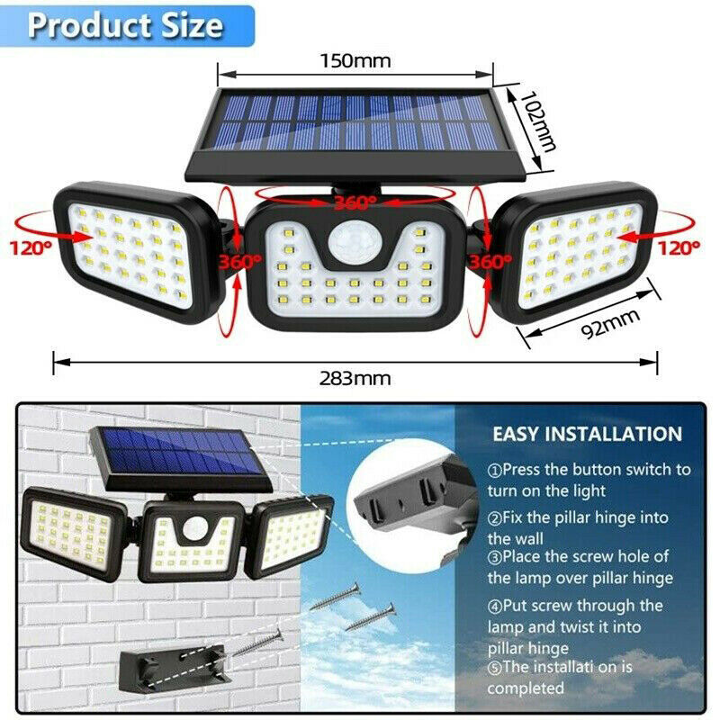 74LED 3 Heads Outdoor Solar Motion Sensor Flood Light Garden Pathways Wall Lamp