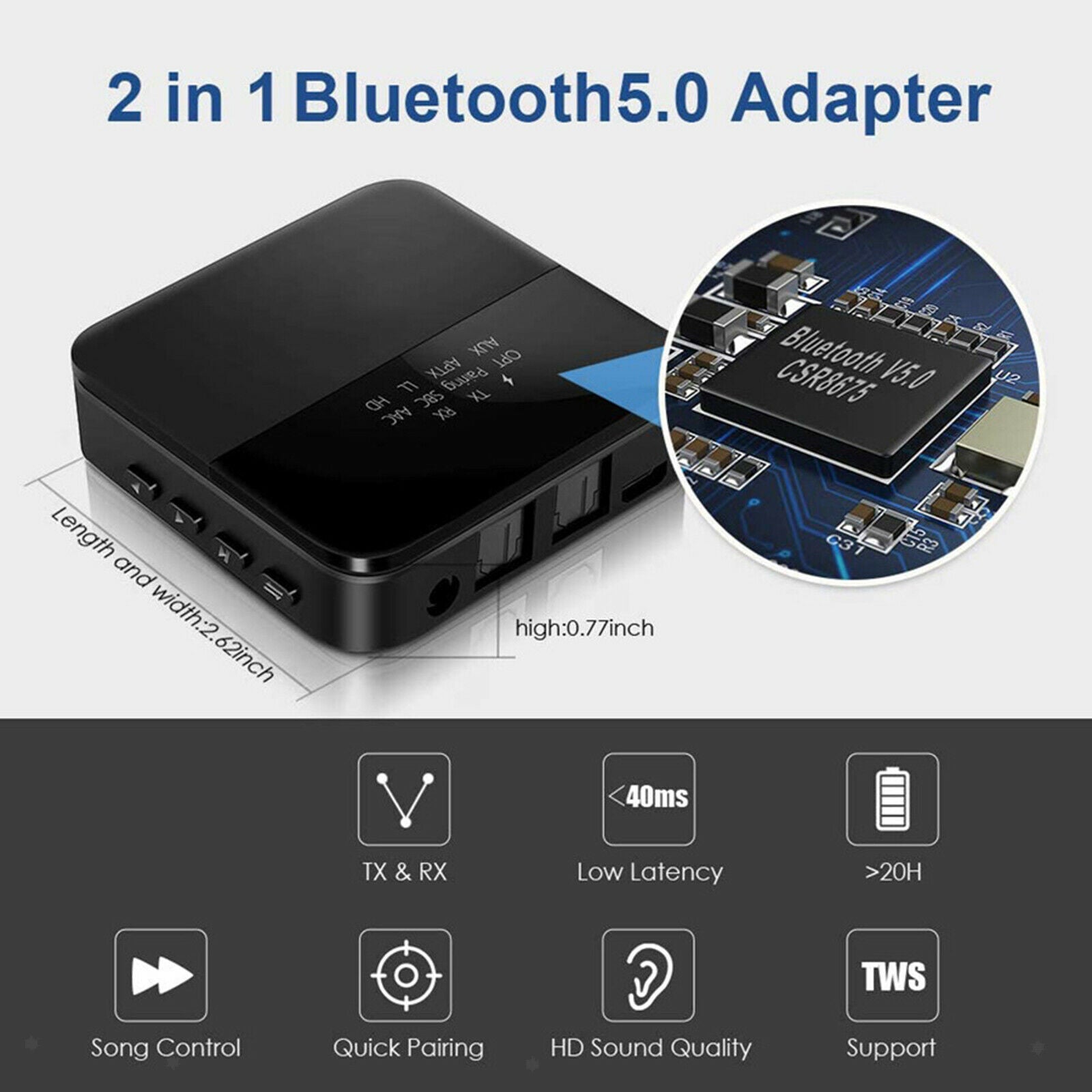 Wireless Bluetooth 5.0 Audio Transmitter & Receiver Adapter Easily Pairing