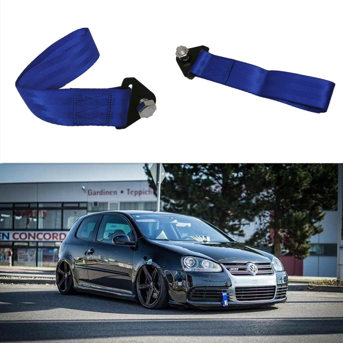 275mm Blue Nylon High Strength Racing Rally Tow Strap Front Rear Bumper Tow Hook