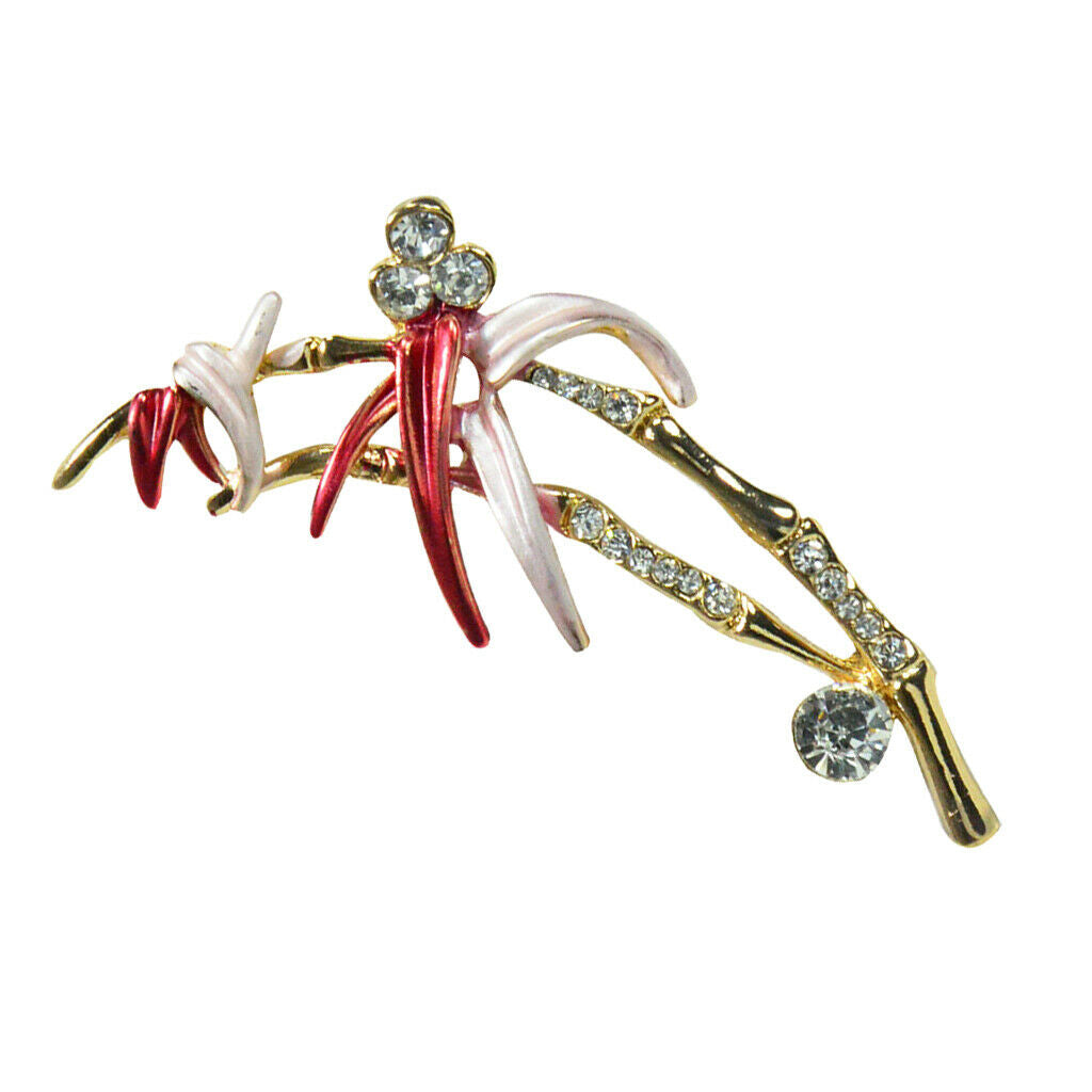 Natural Inspiration Bamboo Brooch Crystal Rhinestone Brooch Pin Red