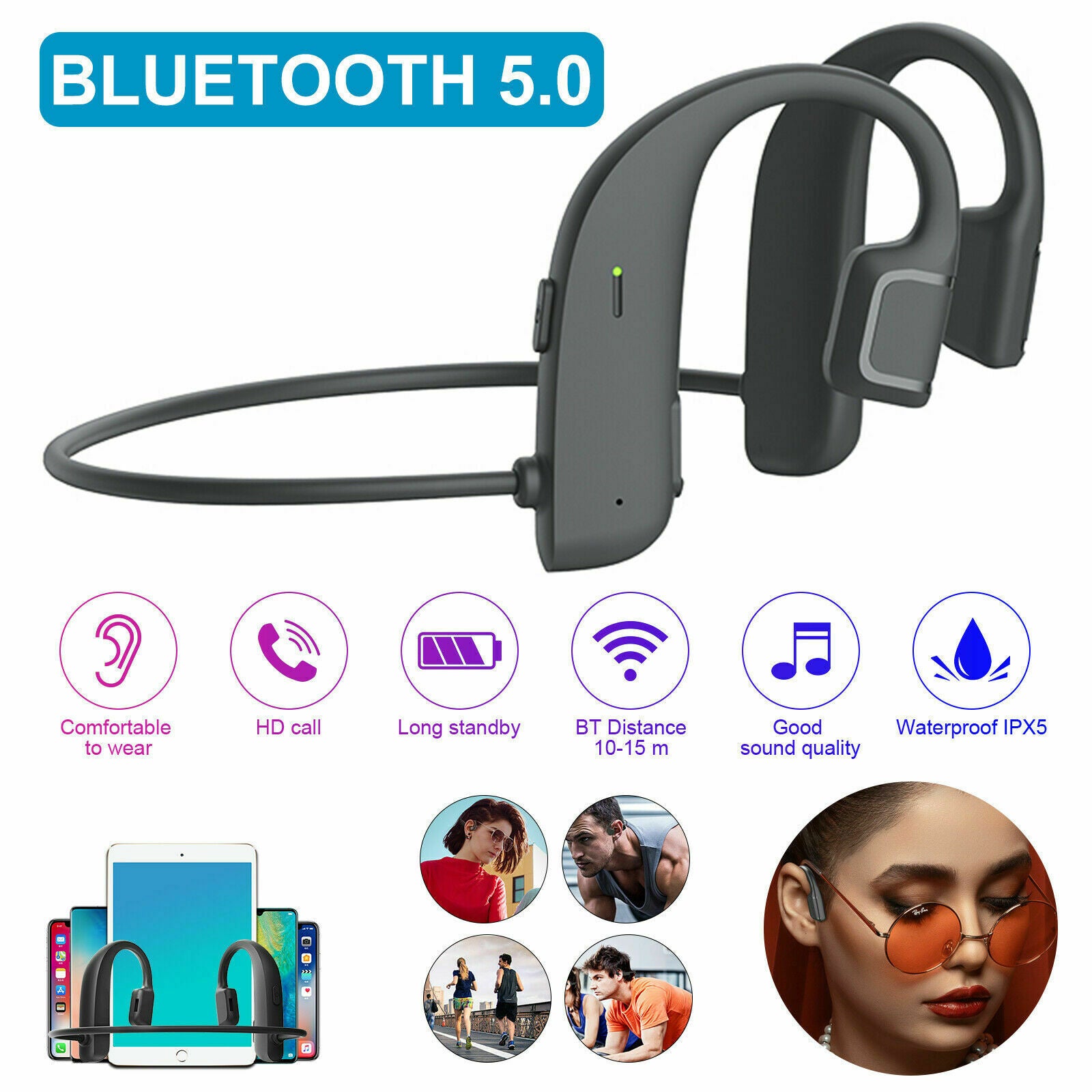 Wireless Bone Conduction Open Ear Headset Bluetooth 5.0 Headphones Outdoor Sport