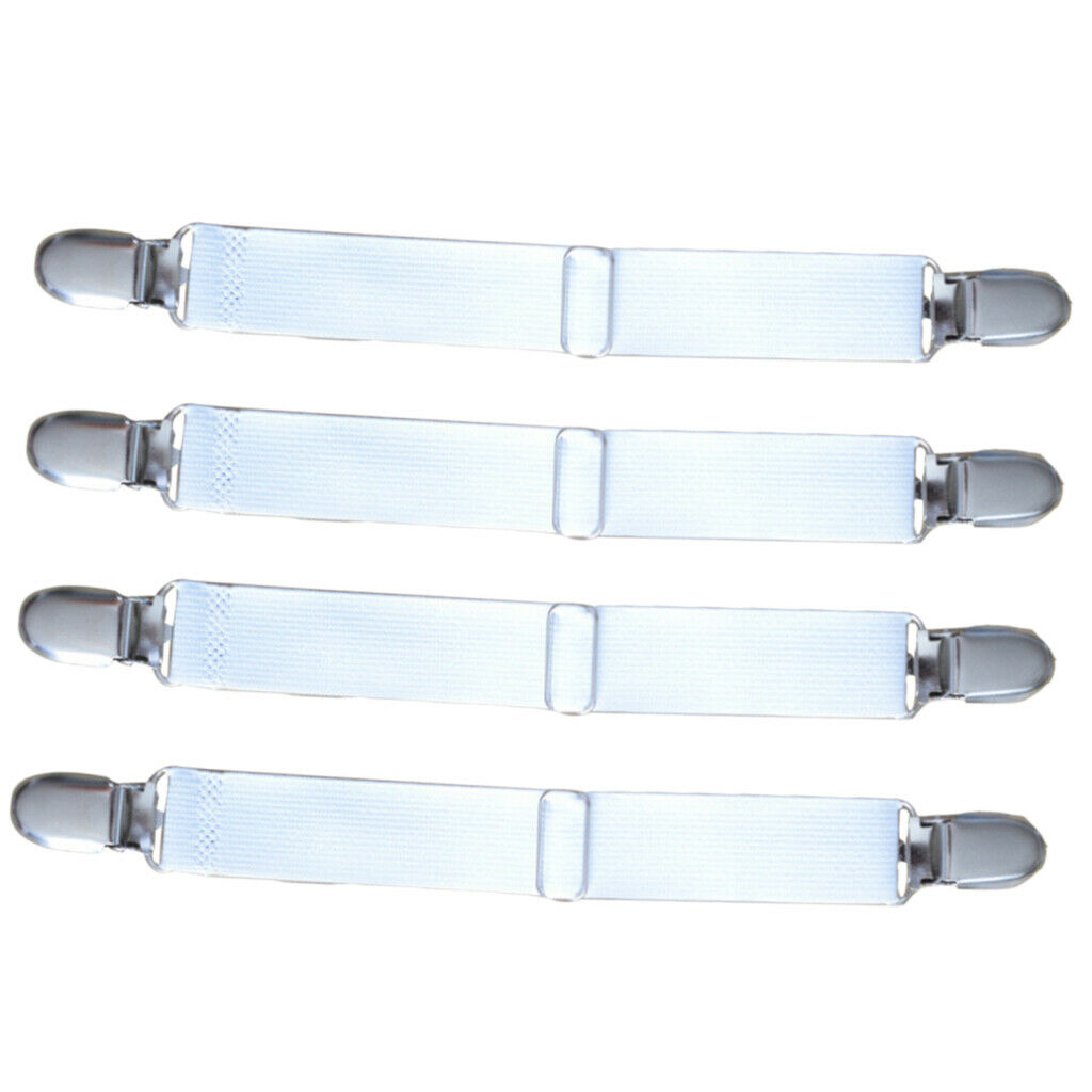 4x Bed Sheet Corner Grippers Suspenders Fastener Clips 2-Heads White Band