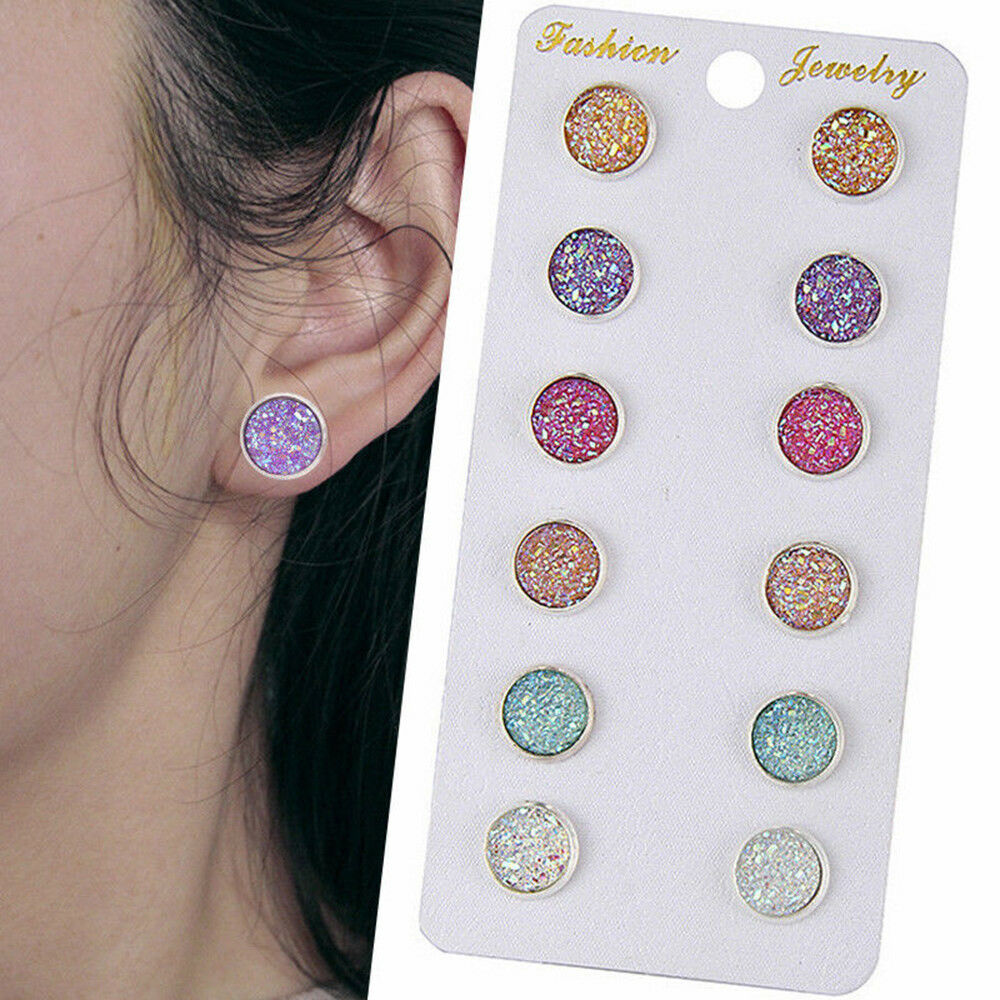 6 Pairs Stainless Steel Shiny Austrian Crystal Round Studs Earrings Chic Jewelry