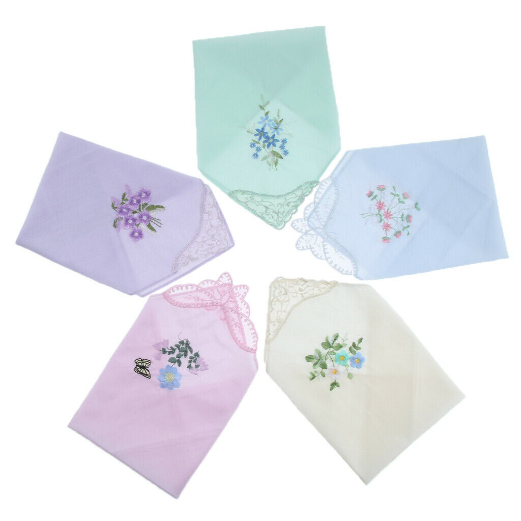 Ladies Womens Cotton Handkerchief Floral Embroidered with Lace 5 Pack - Assorted