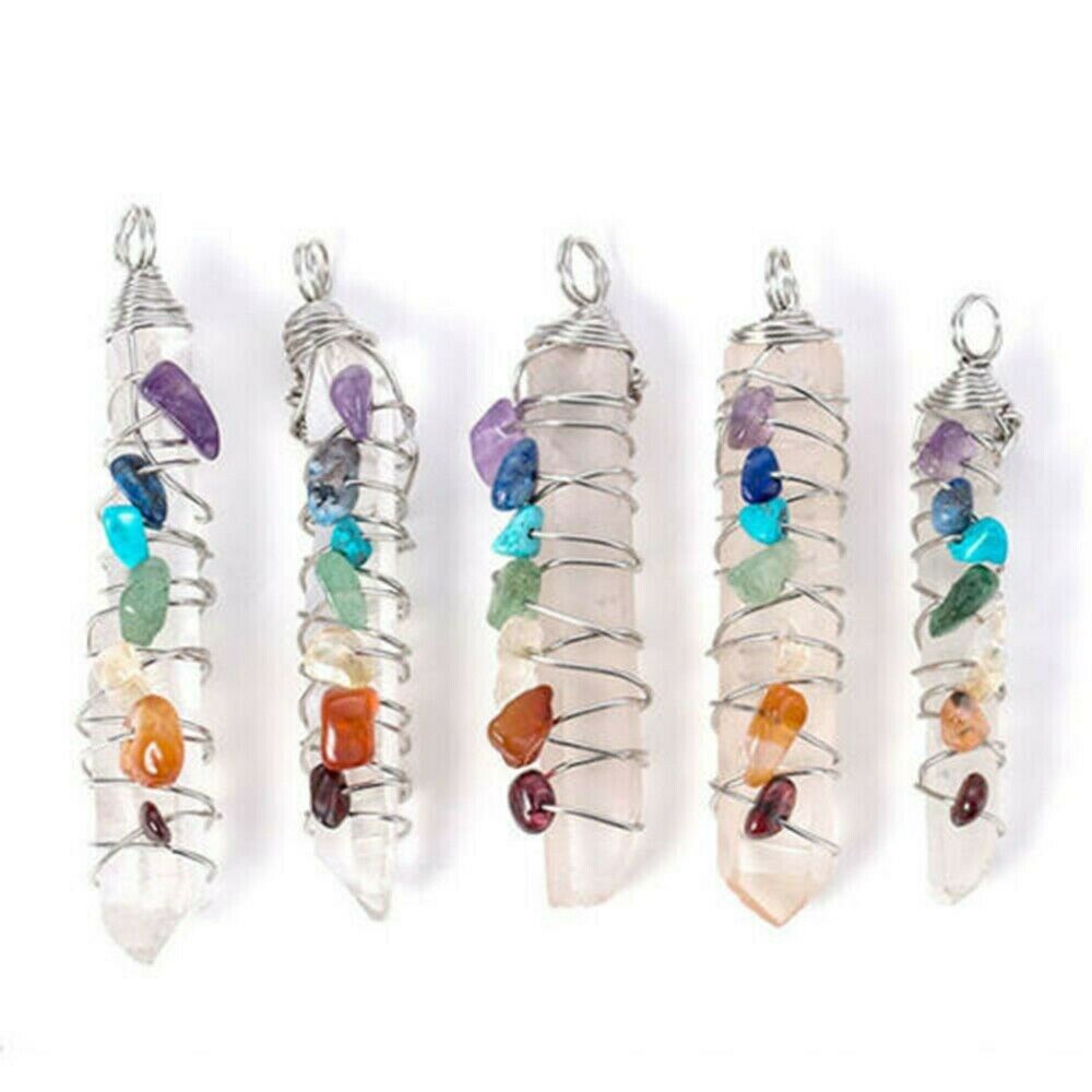 Natural Healing Crystal 7 Chakra Stone Wire Wrap Reiki Quartz Pendulum Pendant