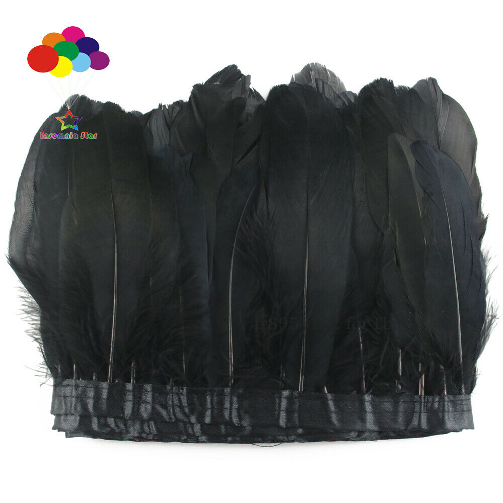 Dyed black Goose Feathers 2 Meter Fringe Trim with Satin Ribbon Tape 6-8 inch