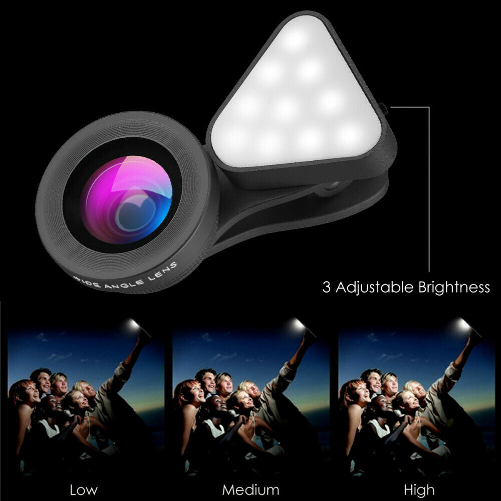 Universal 3-in-1 Fill-in Light  Wide Angle Macro Camera Lens Clip On for Phone