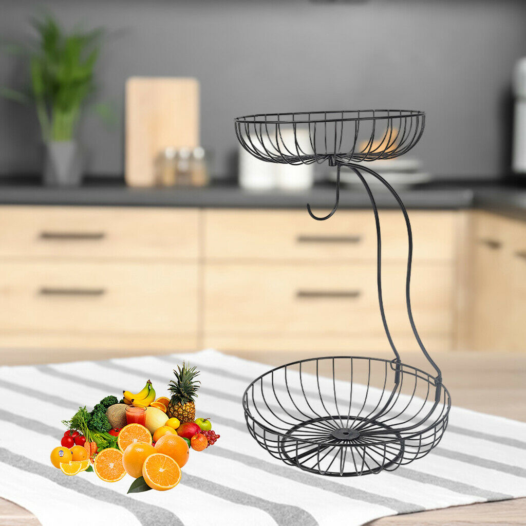 Home Iron Wire 2 Tier Fruit Basket Holder Bread Bowl Countertop Storage Rack
