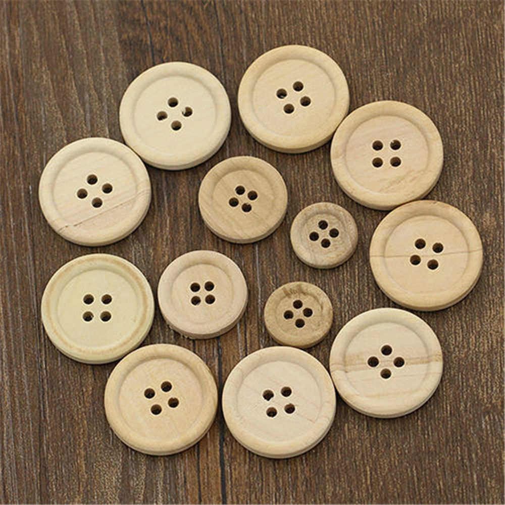 50X Mixed Wooden Buttons Natural Color Round 4-Holes Home Sewing Scrapbooking