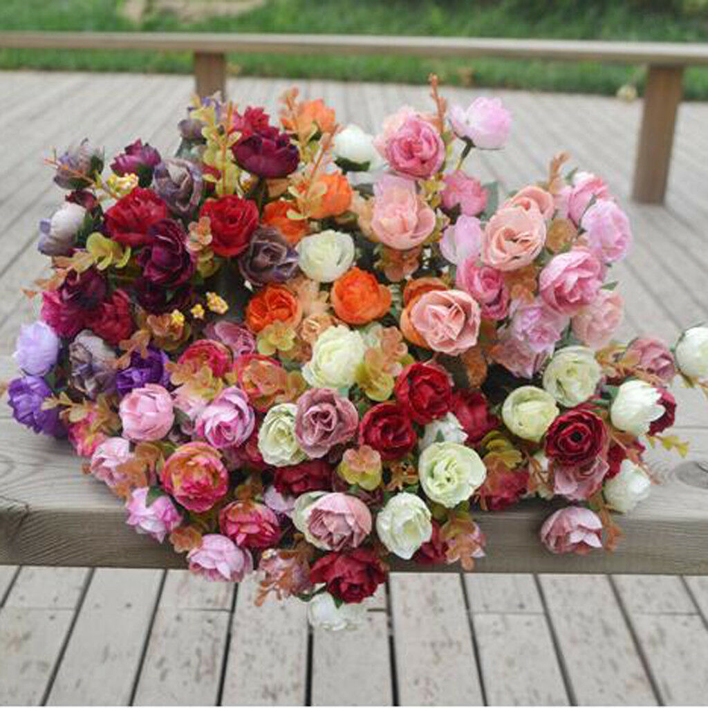 21-Head Silk Flower Artificial Rose Wedding Floral Bouquet Decor Dark Red