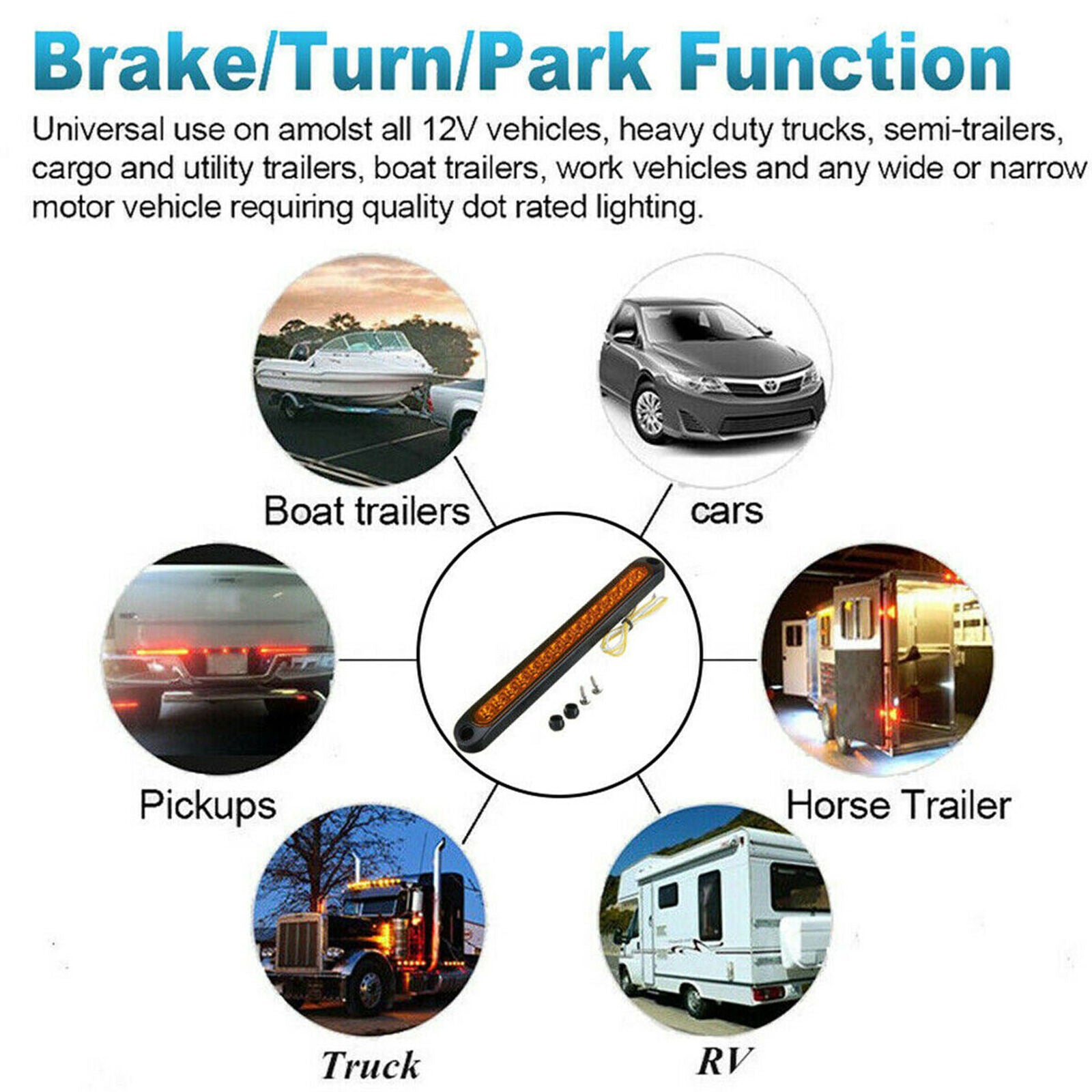 Car Truck 15LED Light Lamp DRL Bar Brake Rear Turn Signal Stop Tail Strip Amber