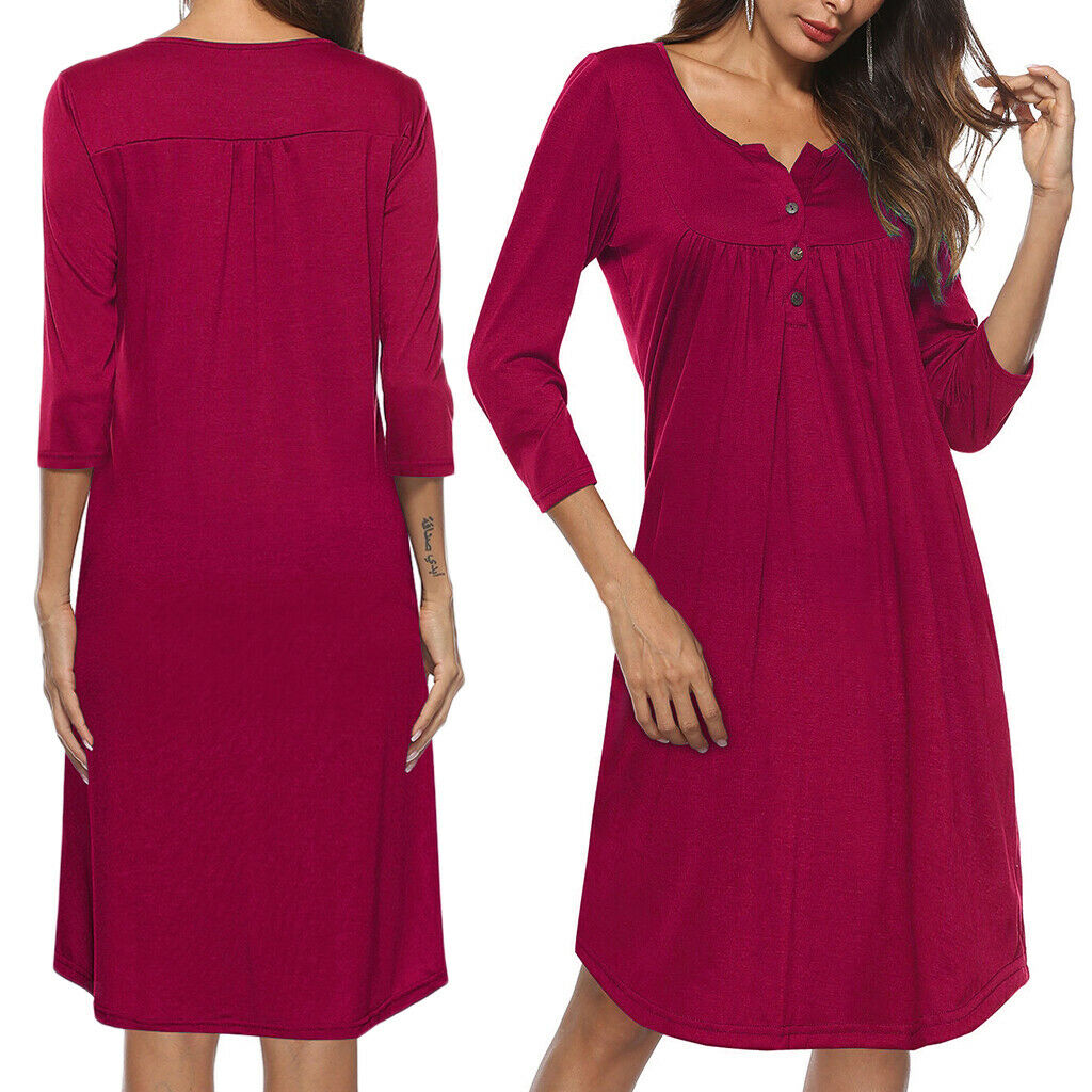 Women's 3/4 Sleeve Casual Loose Buttons Pleated Tops Blouse Dress S Purple