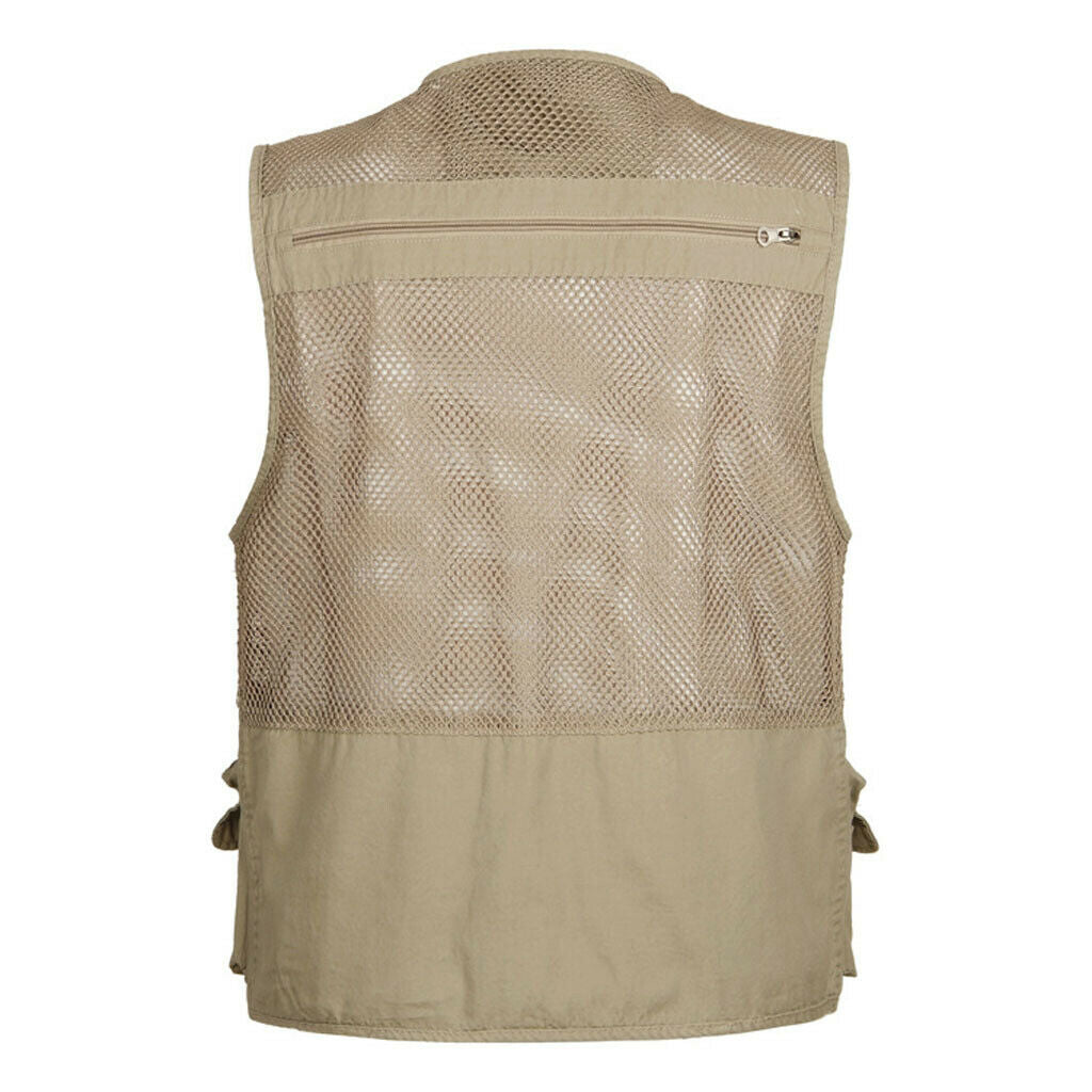 Men's Multi Pocket Zip Vest Hunting Fishing Outdoor Quick Dry Jacket Khaki L