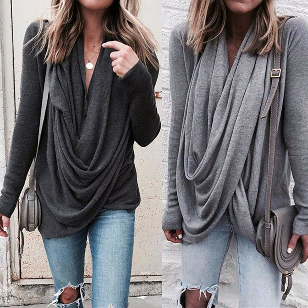 Women Long Sleeve Irregular Pile Collar Loose Pullover Shirt Gray M