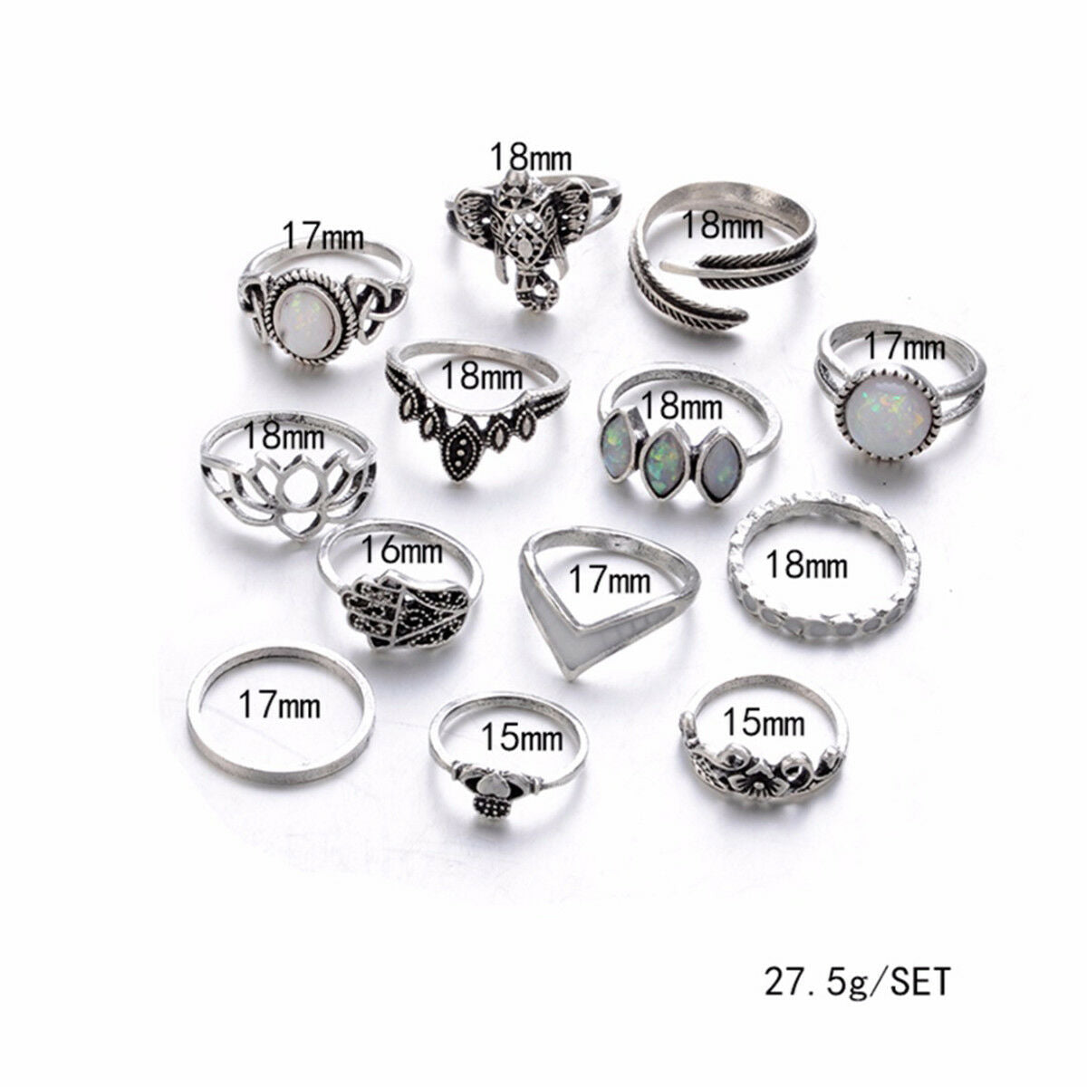 13 PCS/Set Boho Fatima Elephant Lotus Knuckle Rings Opal Rings Set Jewelry