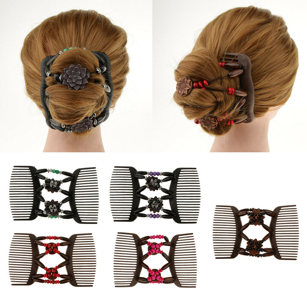 5 Pieces Magic Wood Beading Stretch Hair Combs Double Clips Hair Styling