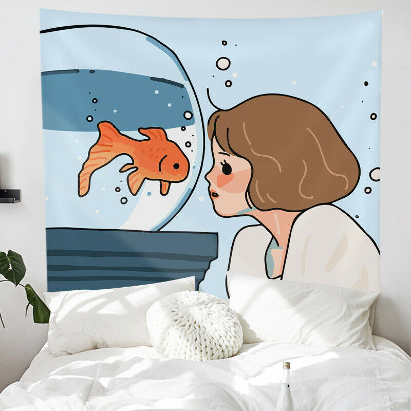 Nordic Cute Girl Wall Hanging Tapestry Carpet Beach Towel Bedroom DecorationB6H7