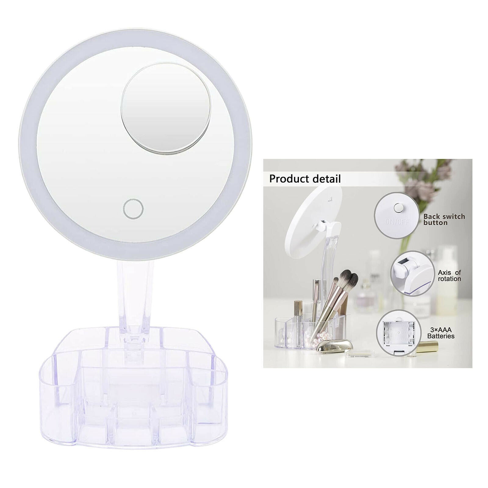 1x Makeup Mirrors Dimming Vanity Light Up Mirror Touch Screen 90° Rotation