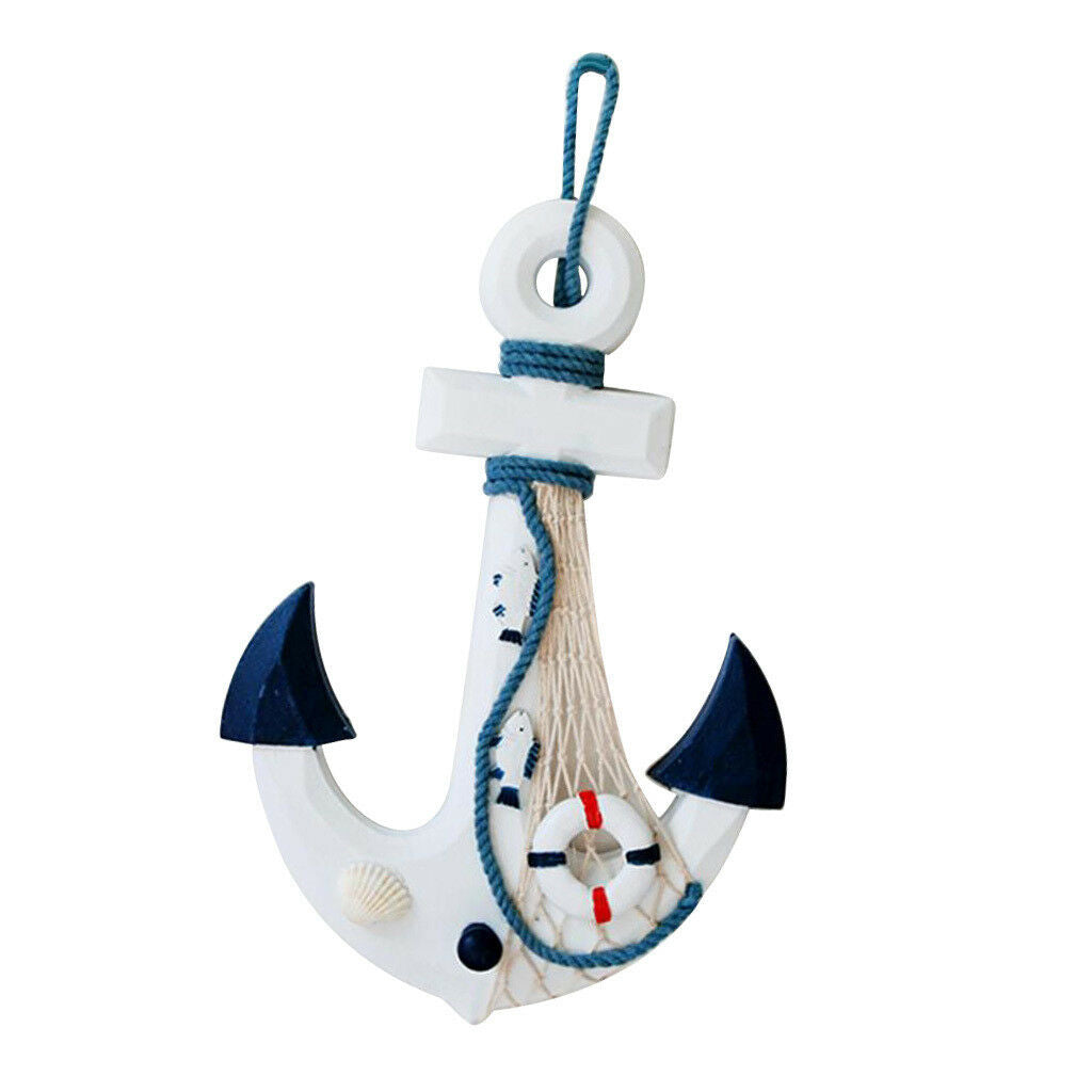 Wooden Nautical Anchor Hanging Decoration Coastal Plaque Blue and White b