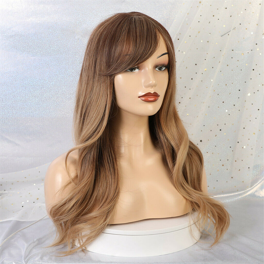 24 inch Women Ombre Brown Synthetic Long Wavy Straight Hair Wigs with Bangs