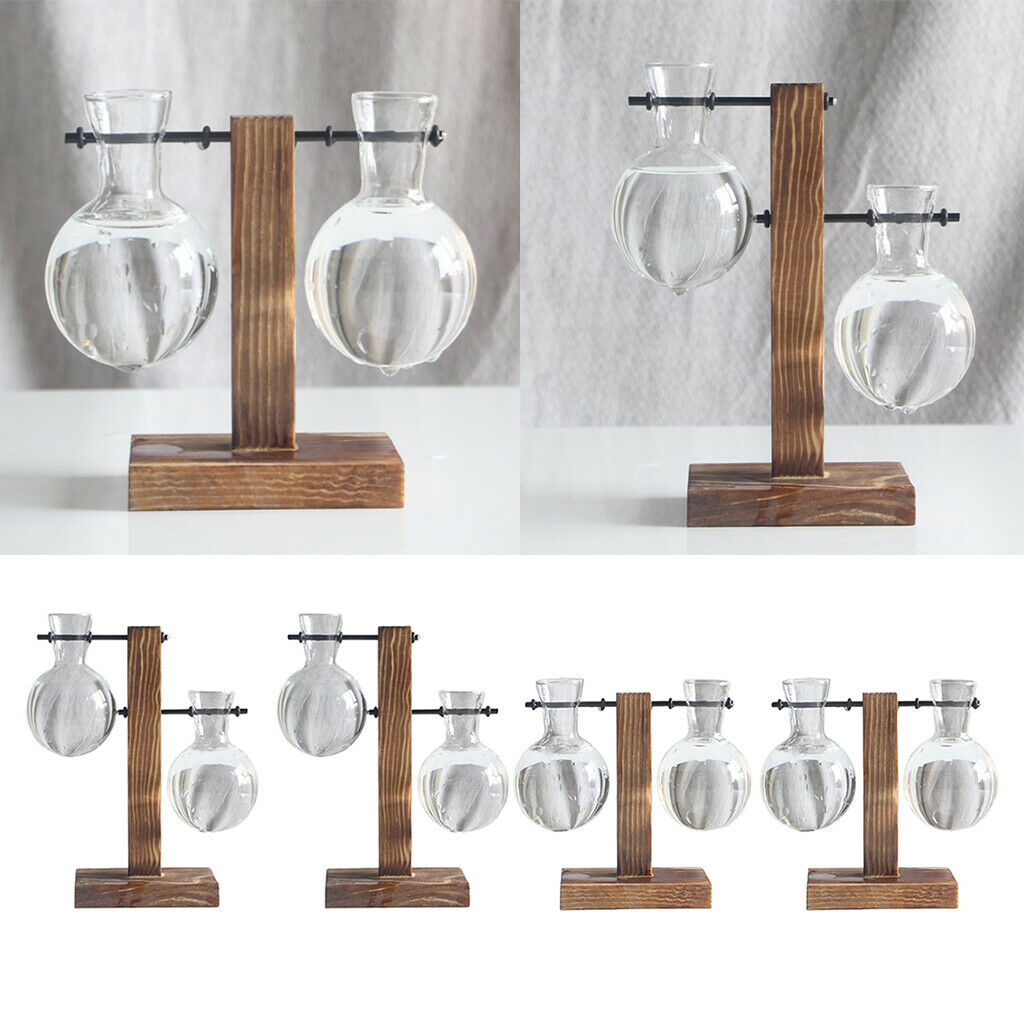 4Pack Rustic Glass Bulb Vase Holder w/ Wood Stand for Hydroponics Plants