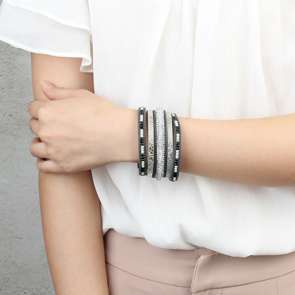 Punk Rock Wide Leather Men's Cuff Bangle Bracelet Crystal Net Band Grey