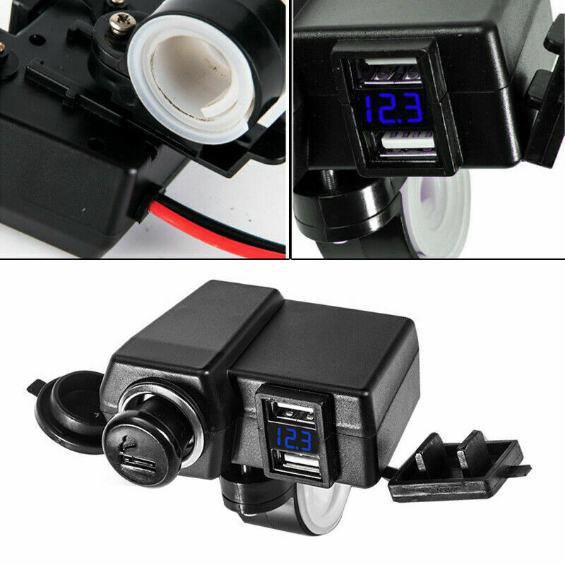 12V 4.2A Dual USB ATV Scooter BlueLED Charger Socket Voltmeter Cigarette Lighter