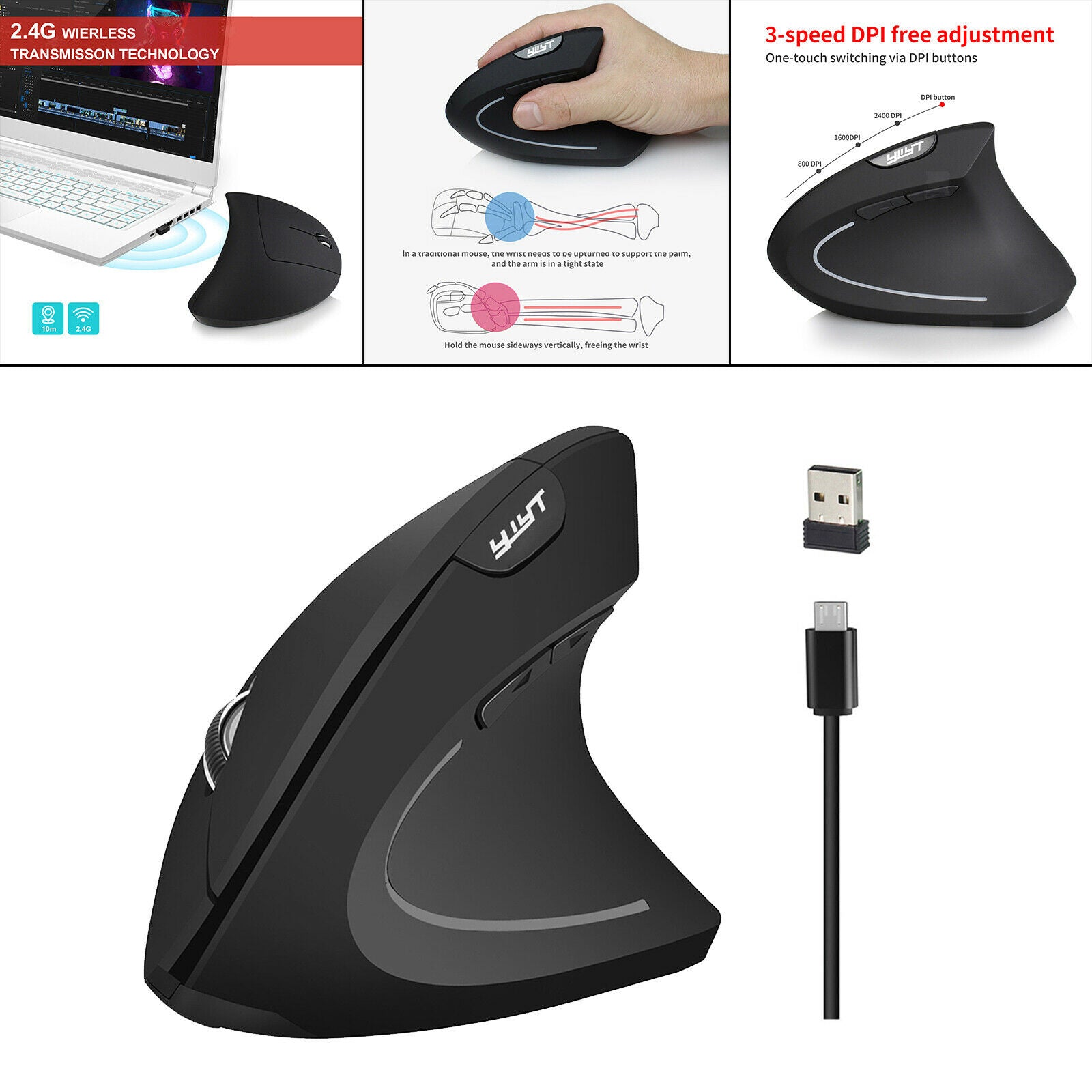 Wireless Vertical Mouse USB Mice Ergonomic Game Mouse for Office Home Black
