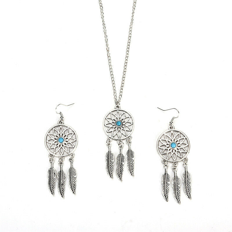 Bohemian Dreamcatcher Leaves Feather Pendant Necklace Earrings Jewelry .l8