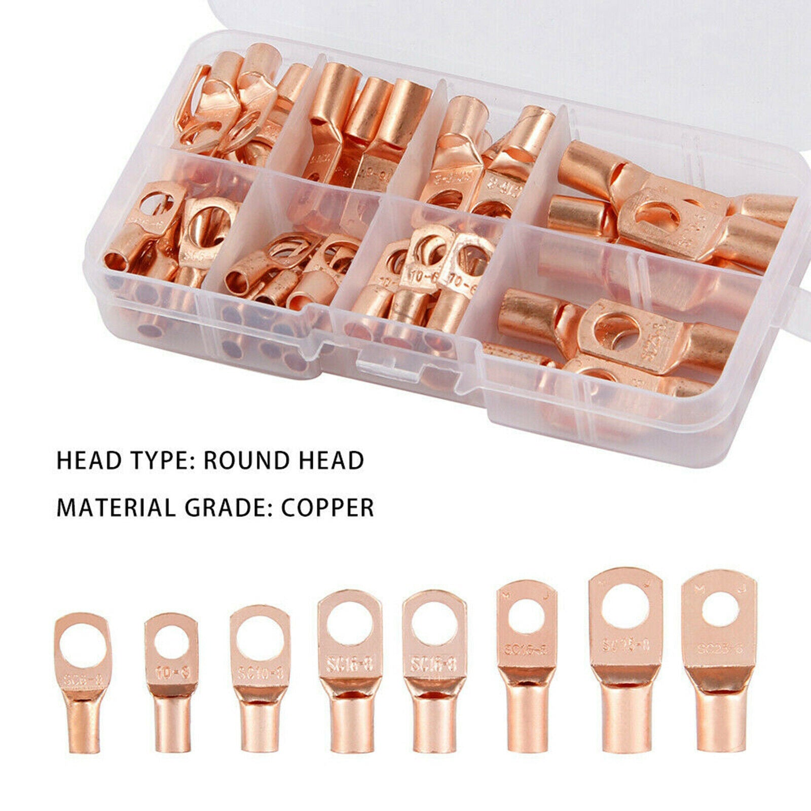 Lot 60 Copper Bare Cable Crimped/Soldered SC Terminals Ring Kit with Storage Box
