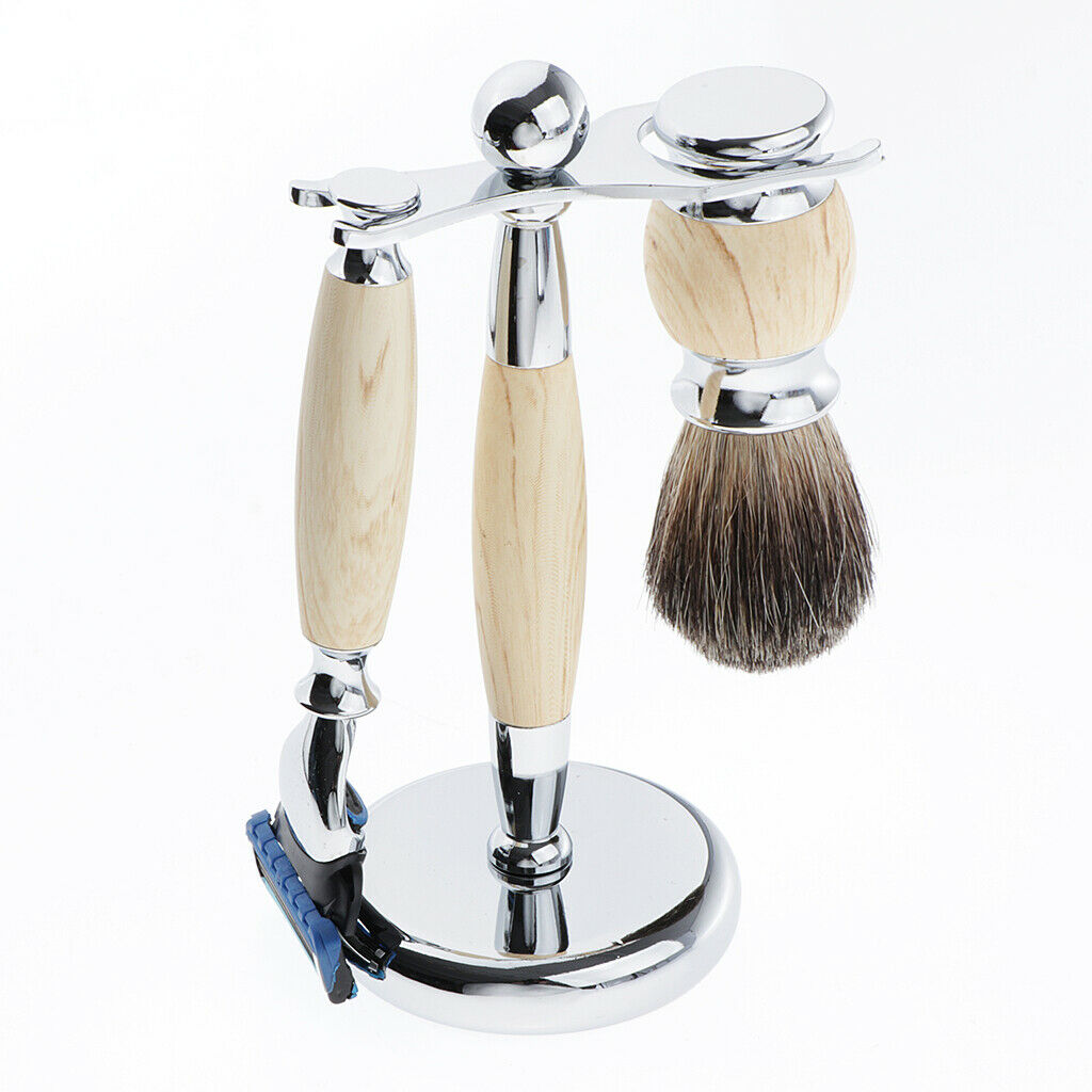 Mens Shaving Kit Gift Set w/5 Layer Blade Razors Brush & Stand Holder Beige