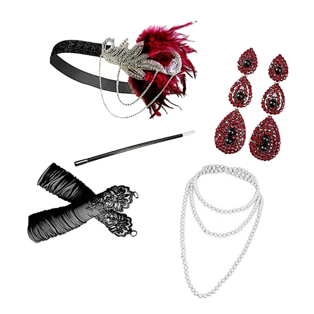 5pcs/Set Womens 1920s Feather Headband Necklace Gloves Party Fancy Costume