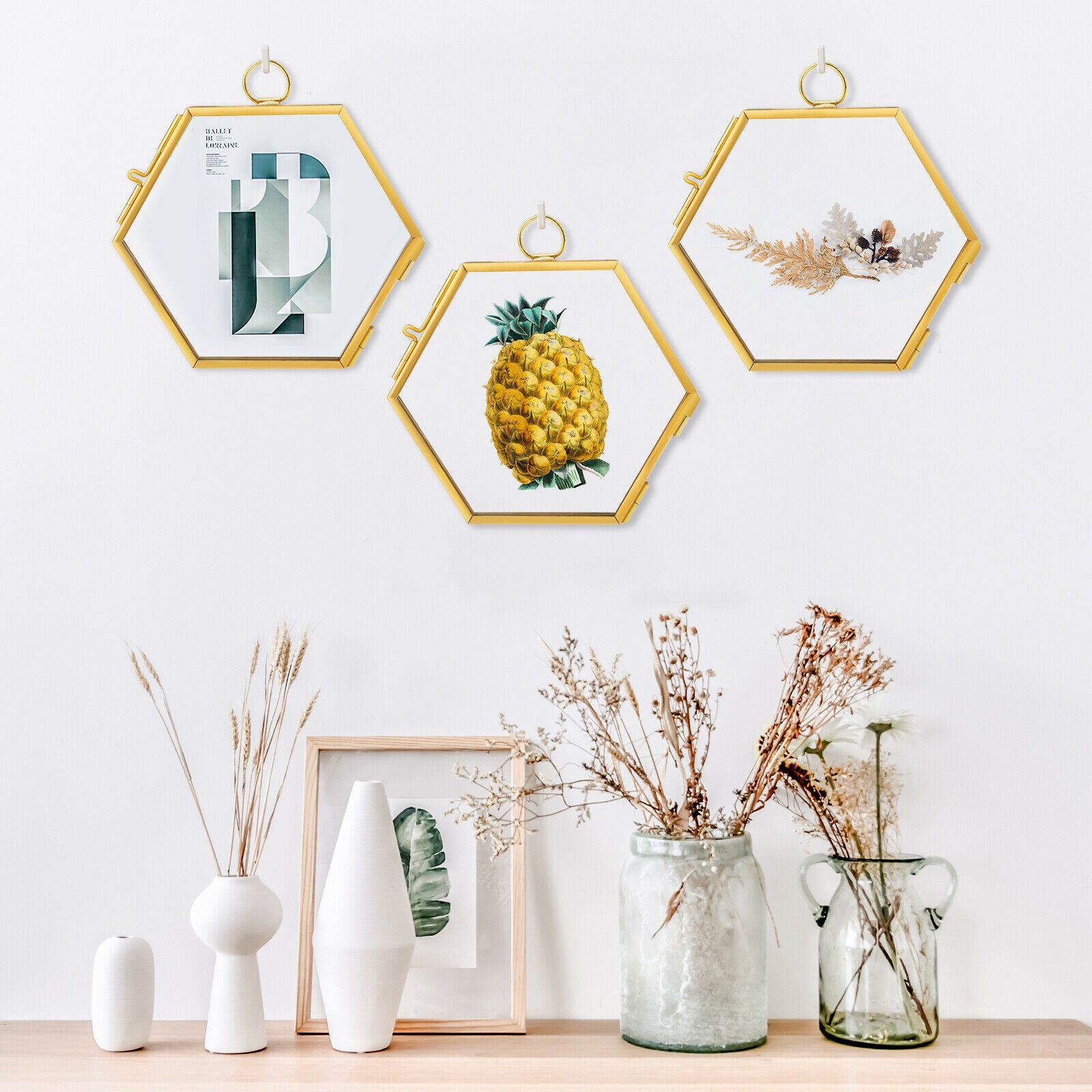 5pcs hanging glass hexagon photo picture frame graphic holder 8.8x8.5cm