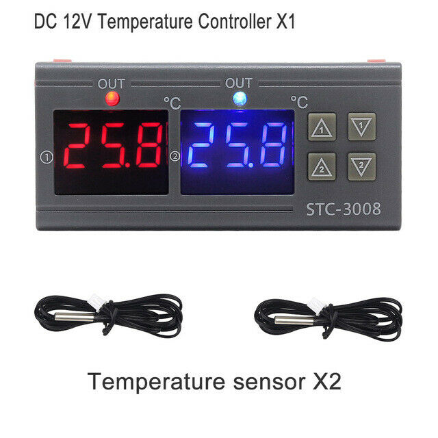 STC-3008 Dual Digital Incubator Thermostat Display Temperature Controller 12V T2