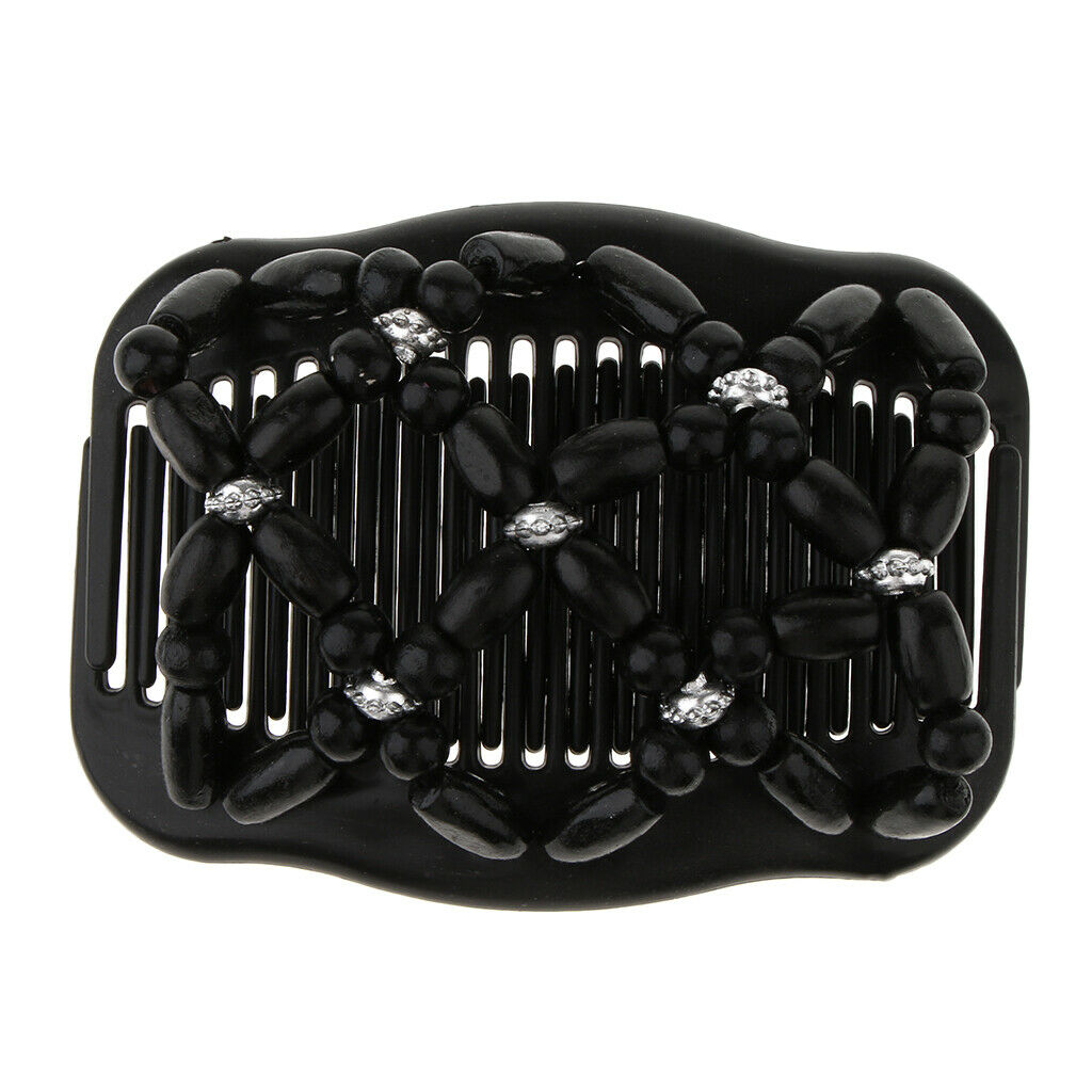 2pcs Black Double Hair Slide Comb Clip Wooden Beaded Elastic Bun Maker Party