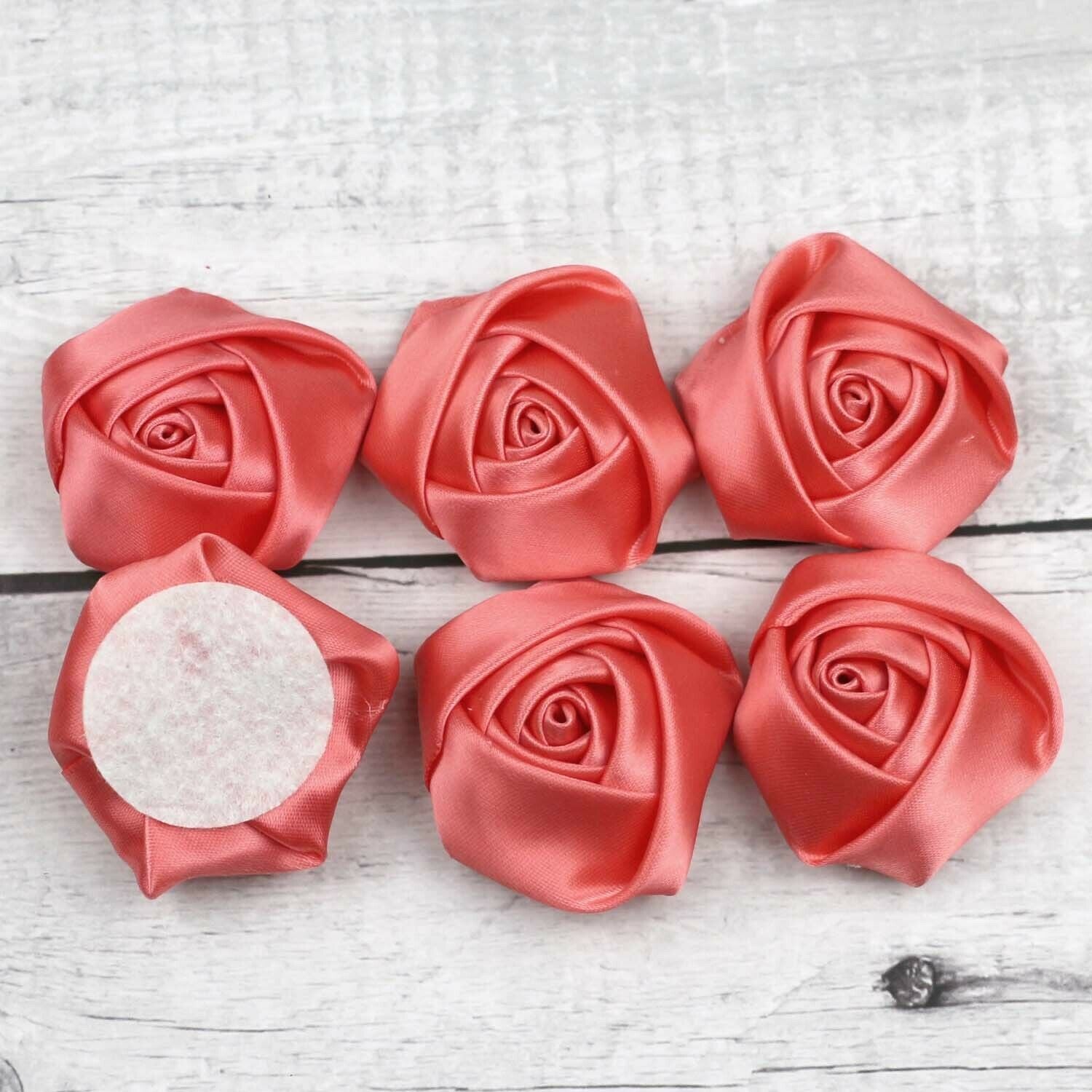 1.5" 25P Coral Satin Rose Flowers Ribbons Handmade Rose Appliques Craft Supplies