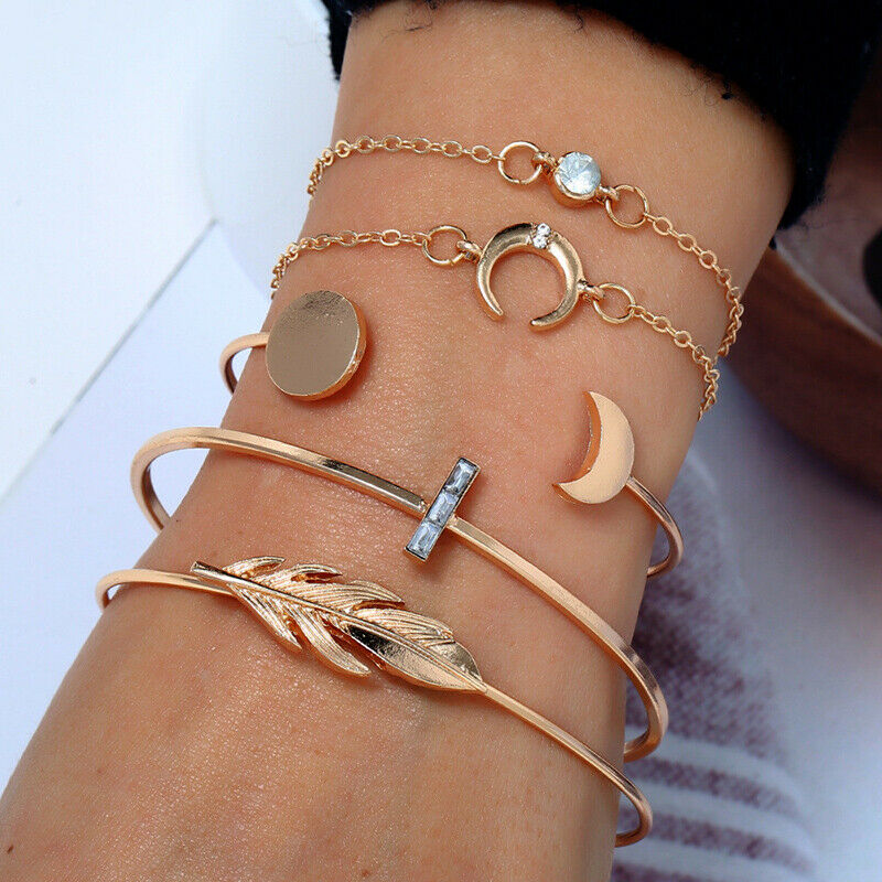 Rhinestone Sun Moon Bracelet Women Tassels Leaves Circular Chains Bangle .l8