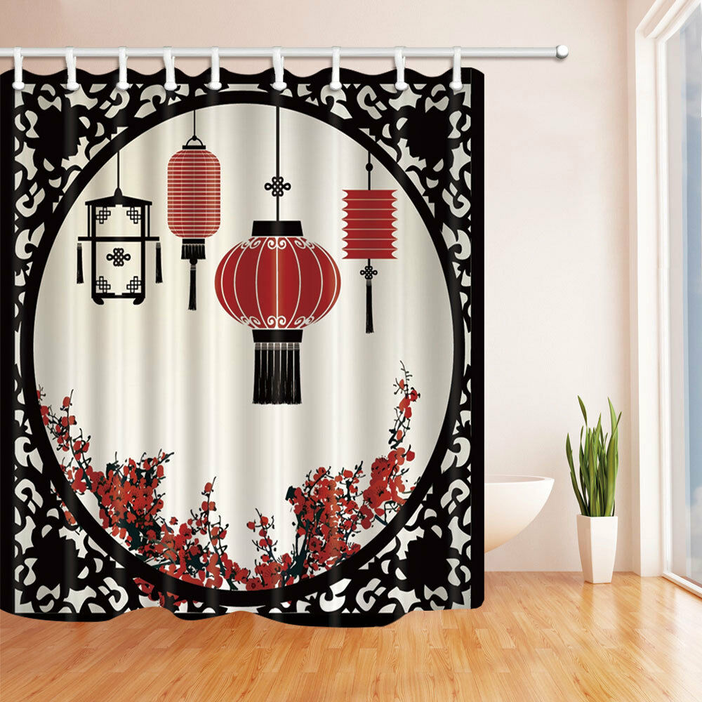 Lanterns with Japanese Sakura Cherry Blossom Fabric Bathroom Shower Curtain 71"