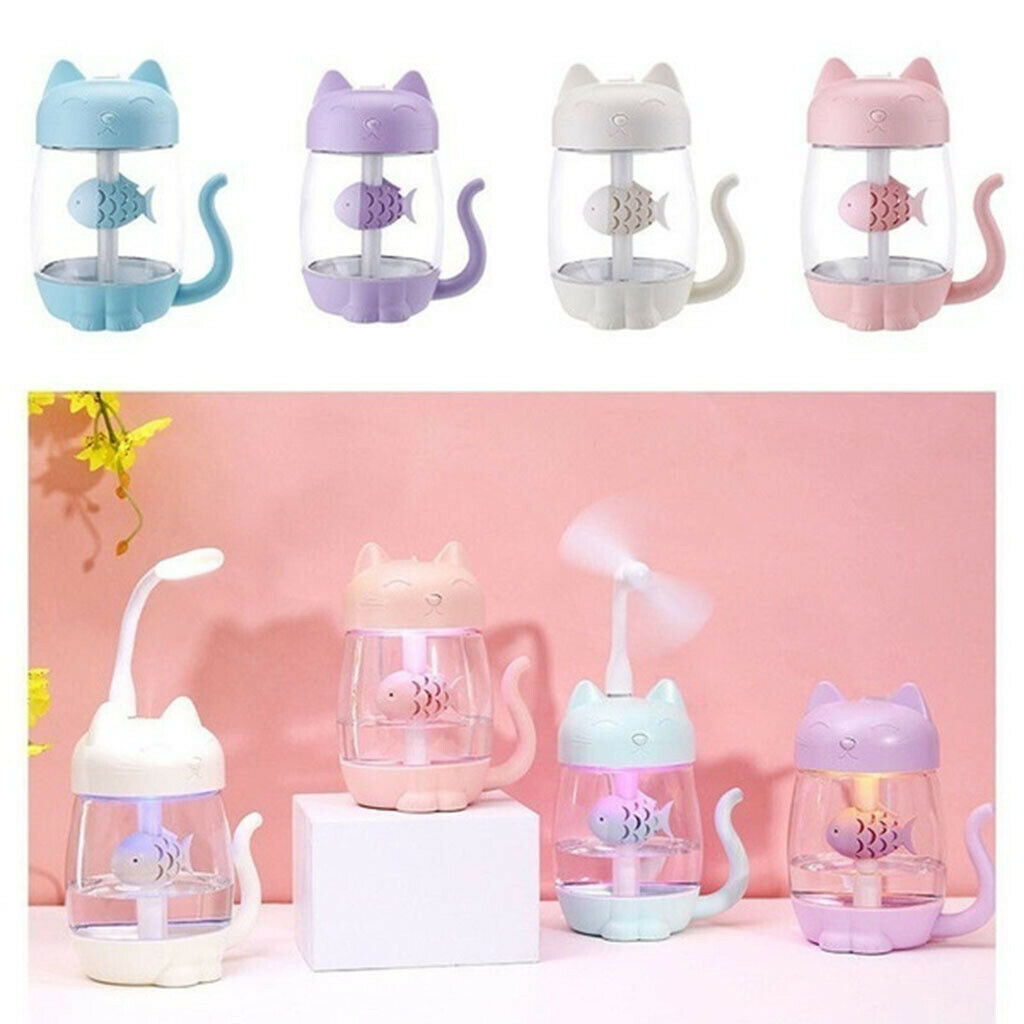 2x Portable Mini Cat Humidifier Fan LED Light for Car Home Desk Purple+Blue
