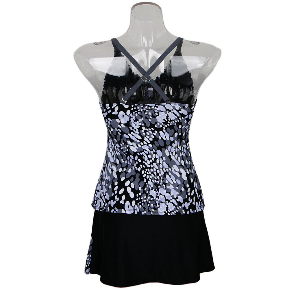 Women Oval Print Two Piece Tankini Top Skirt Bottom Swimsuit Beachwear 3XL