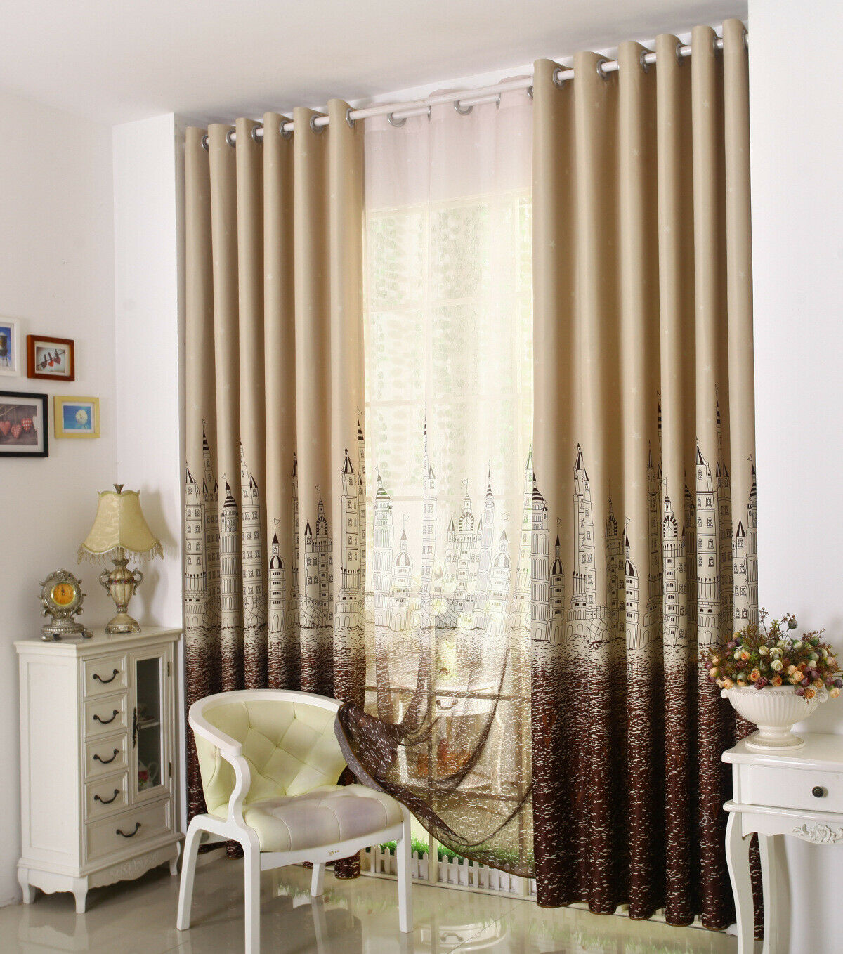 2x Castle Window Panel Curtain Set Sheer Curtain+Blackout Curtain Set Coffee