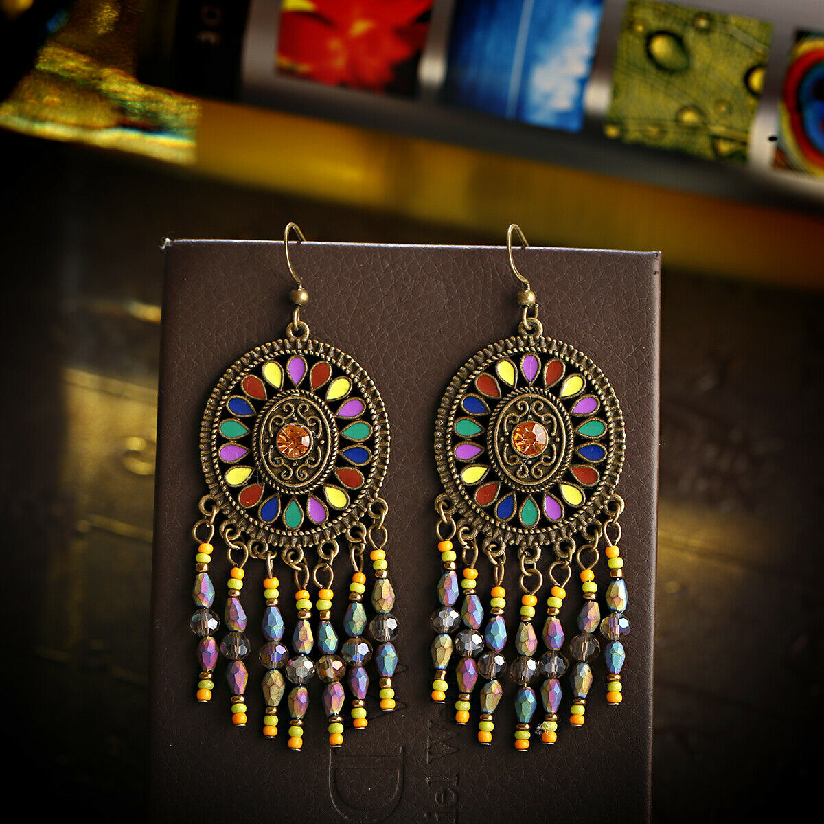 7 Colors Round Crystal Circle Dangle Tassel Women Bohemia Jewelry Hook Earrings