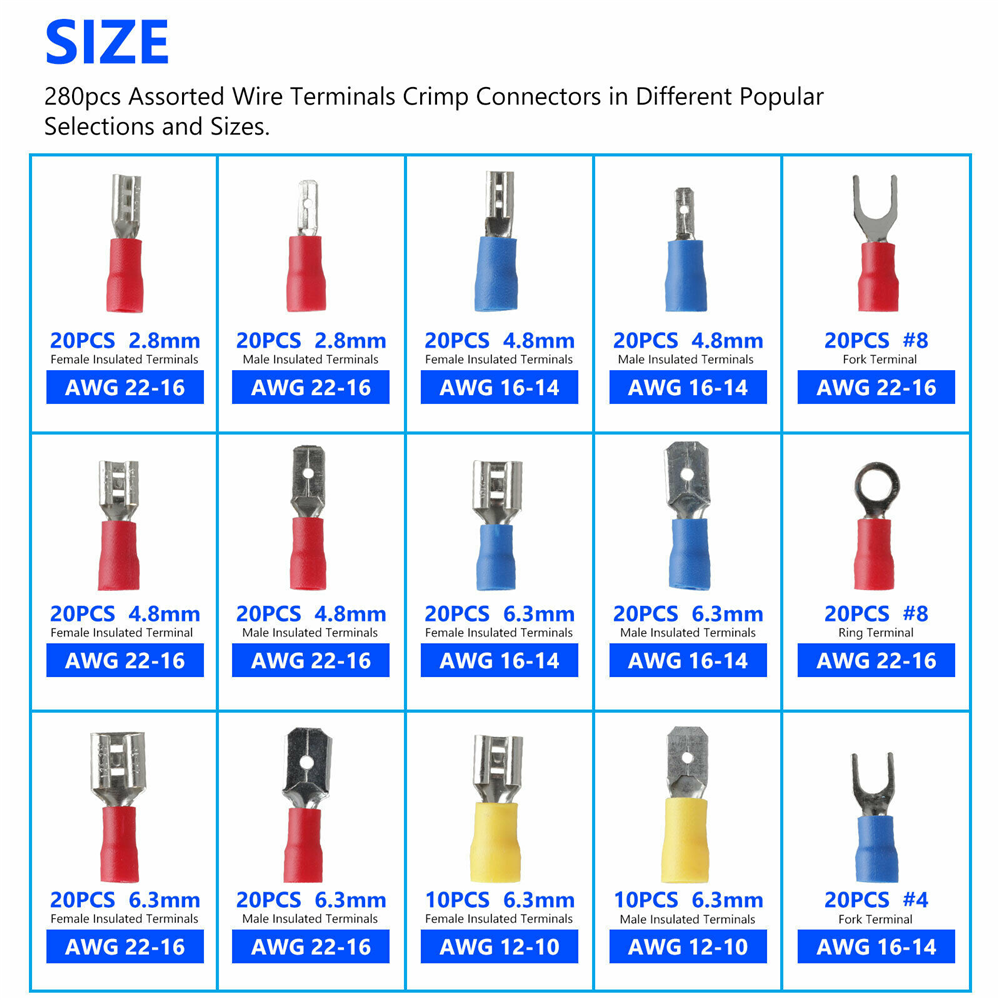 280PCS Assorted Crimp Spade Terminal Insulated Electrical Wire Connector Kit Set