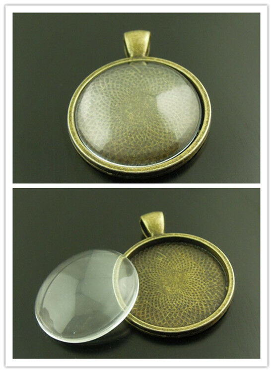 3X Retro Bronze Round Pendant Setting Tray With Glass Cameo Cabochon Base Charm