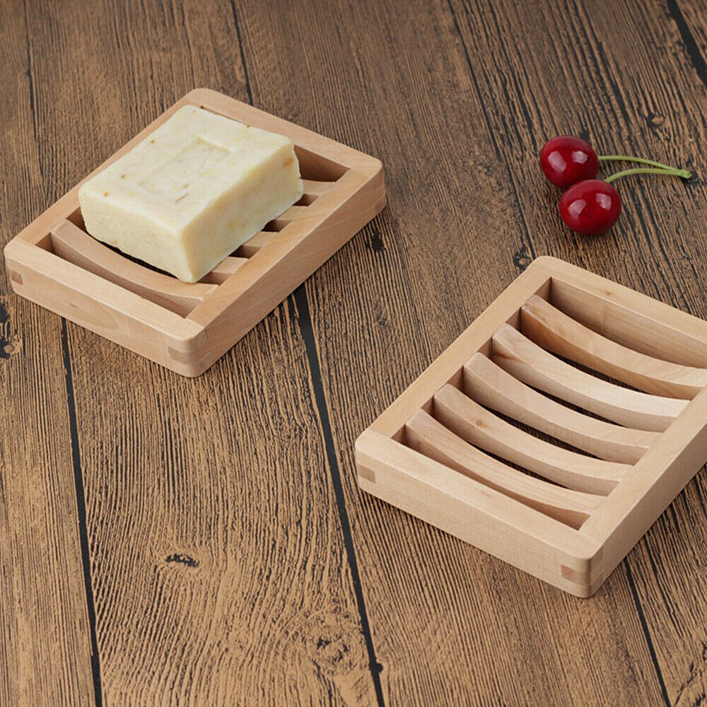 Bamboo Wooden Soap Dish Storage Tray Holder Plate Water Drain Shower Bathroom