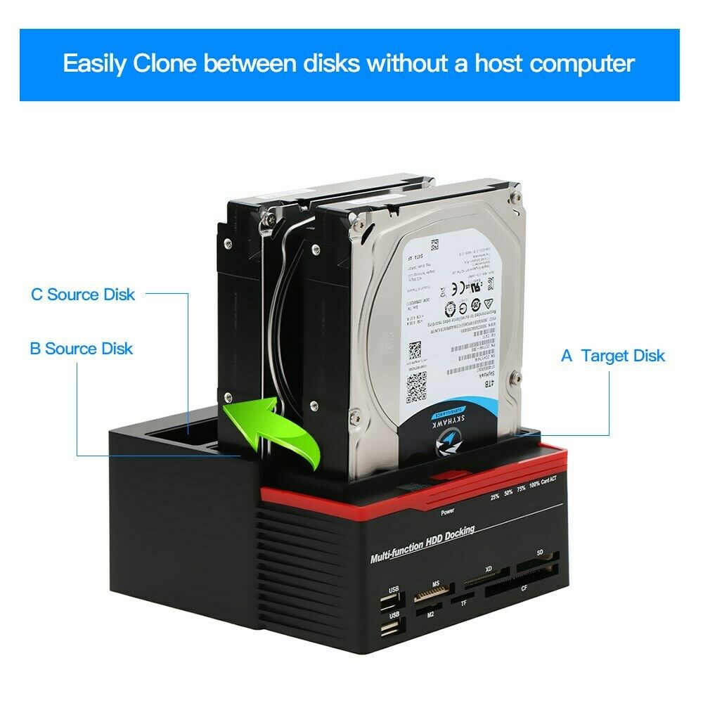 3 HDD Docking Station IDE SATA Dual USB 3.0 Clone Hard Drive Card Reader US