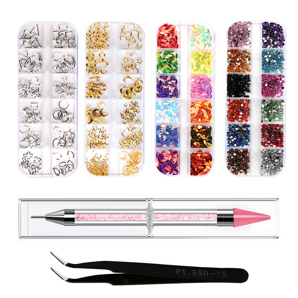 Nail Art Kit Crystals Rhinestones Charms Glitter Beads With Tweezers