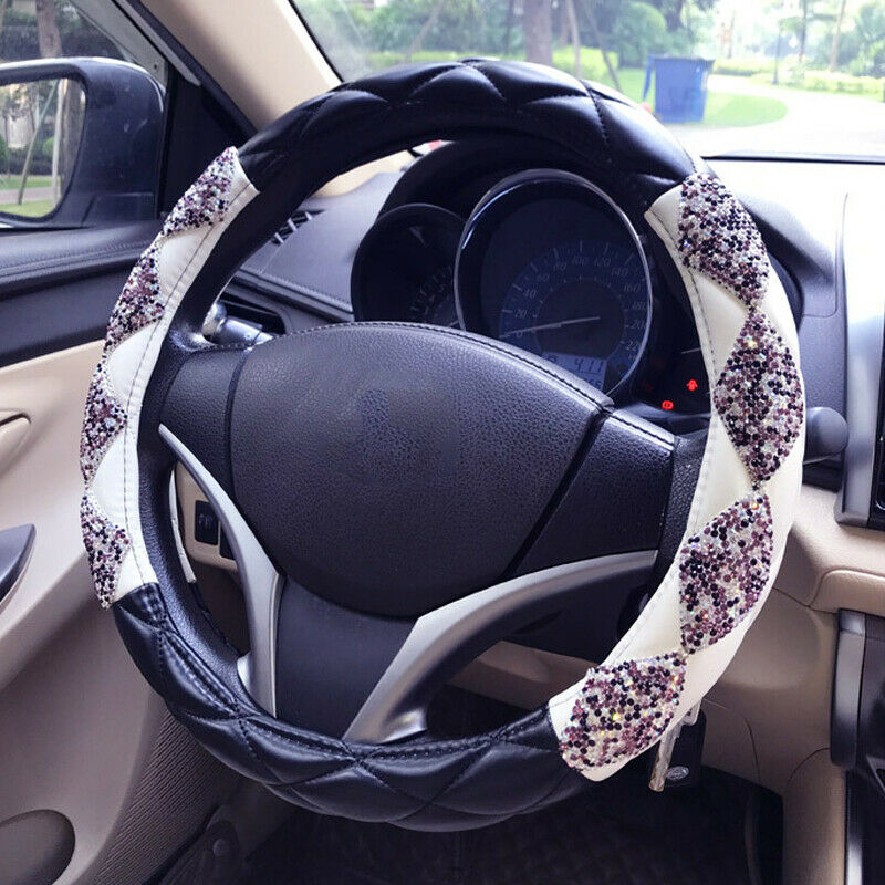 38cm/15" Car SUV Steering Wheel Cover Deluxe PU Leather Bling Diamond Breathable