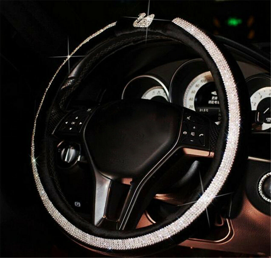 Luxury Lady Shiny Swan Rhinestone Black Leather Car Steering Wheel Cover 15"38cm